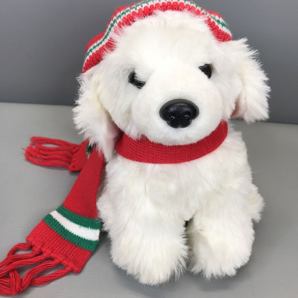Jin Sae Toy Korean 12" White Fur Christmas Dog Red Green Knitted Taboggan Scarf